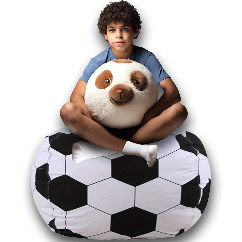 Large soccer ball bean bag chair cover with stuffed sloth plush toy included. Made of polyester material, foldable and hand washable. Can be used as a multipurpose room decor for teen boys. No electricity or batteries required.