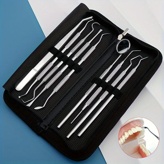 Stainless steel dental cleaning tools set includes tweezers, dual-ended scaler, and scalpel with sheath packaging, perfect for travel, camping, and home use, unscented.