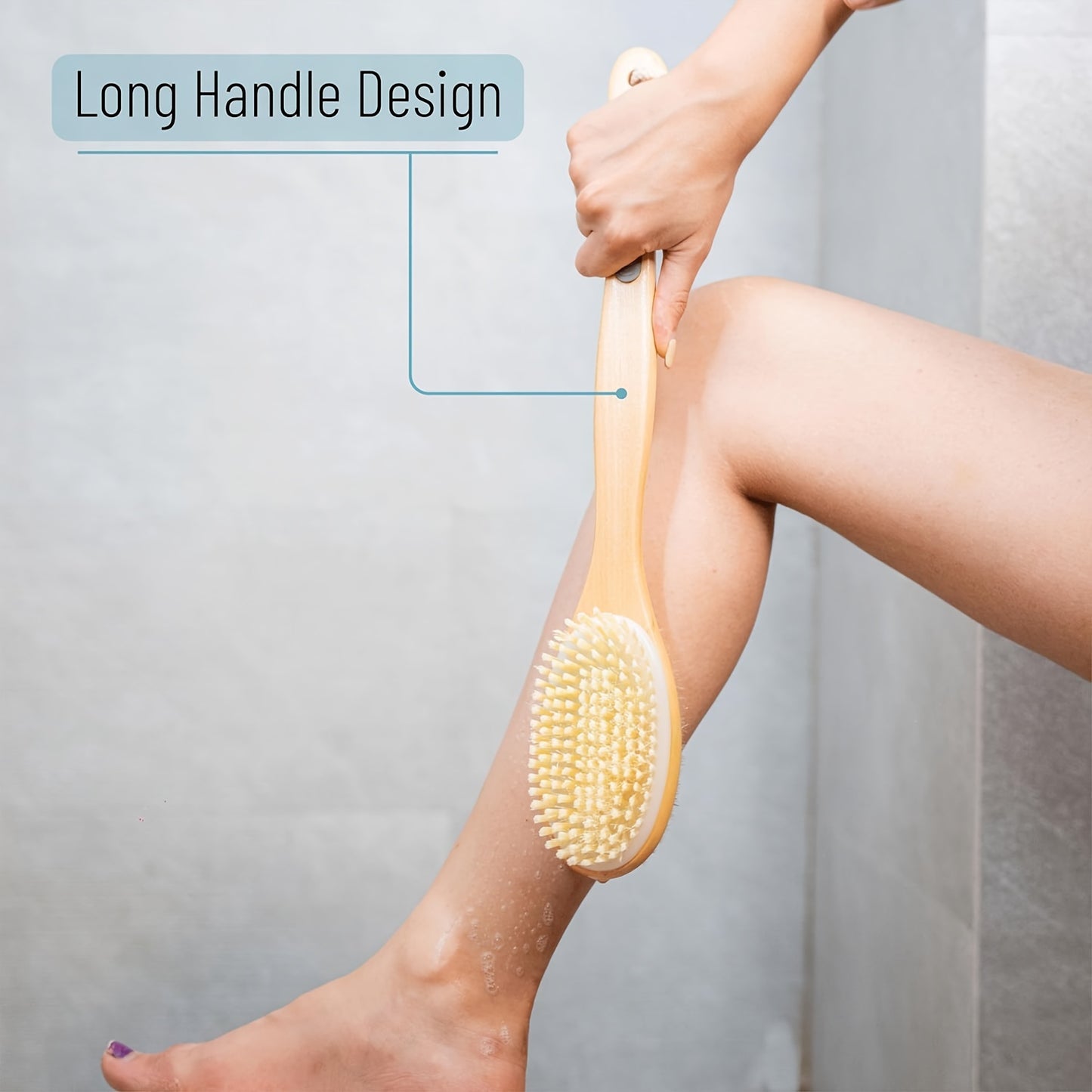 Long-handled dual-sided shower brush for deep cleaning and exfoliating, suitable for lotion application without needing power.