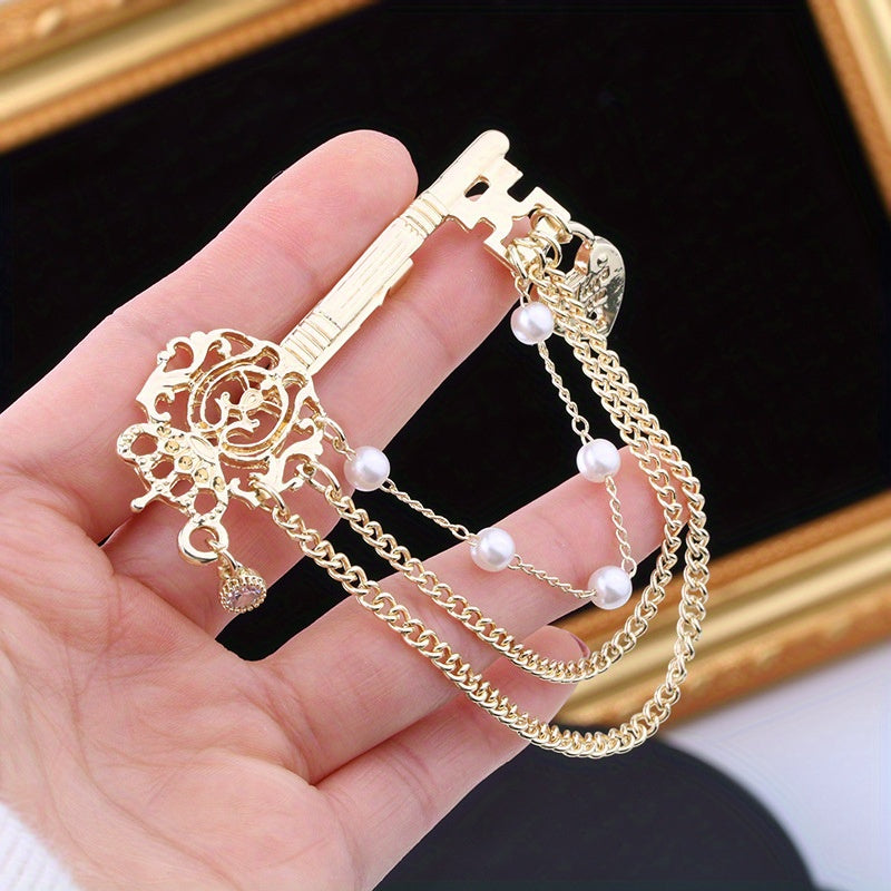 SKEDS Elegant Key-Shaped Brooch adorned with Rhinestones, Irregular Pearl, and Chain Tassel, a Stylish Korean Fashion Accessory for Both Women and Men