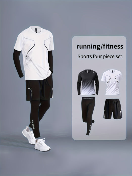 Men's sportswear set for running and gym, designed for all seasons with quick-dry fabric. Perfect for morning runs and cycling with tight-fitting gear.