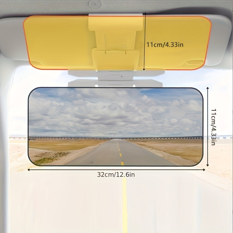 Dual-purpose car sunshade visor reduces glare and protects against high beams, made of durable ABS material with universal fit for most vehicle models.