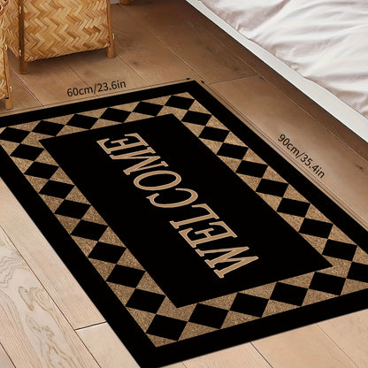 Modern fashion welcome doormat with machine washable, non-slip, and durable features. Made from 100% polyester for soft comfort. Perfect for entryway home decor.