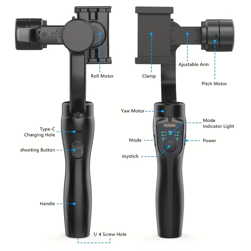 QAML 3-Axis Smartphone Gimbal Stabilizer with USB charging, wireless capabilities, and tripod. Ideal for vlogging, sports, and travel. Compatible with iPhone and Android devices.