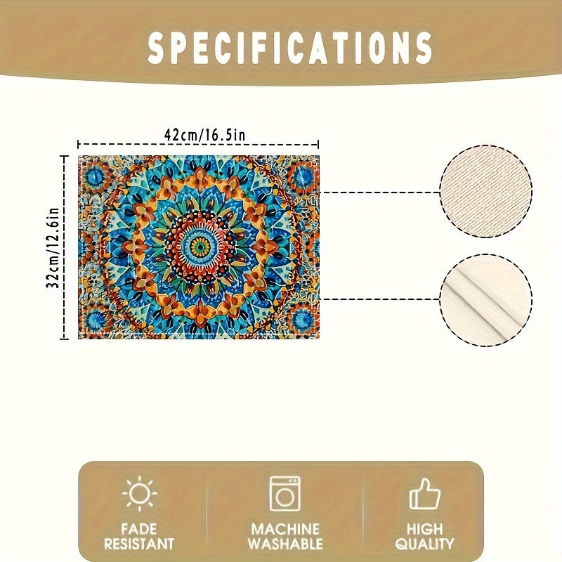 4 Mandala-style placemats with a Persian Bohemian design, heat resistant and washable, suitable for home and restaurant use.