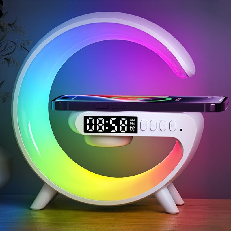 VIKEFON RGB Rhythm Wireless Speaker is a portable speaker with fast charging and a variety of features including an alarm clock, wake up light, table lamp, and smart light. Compatible with