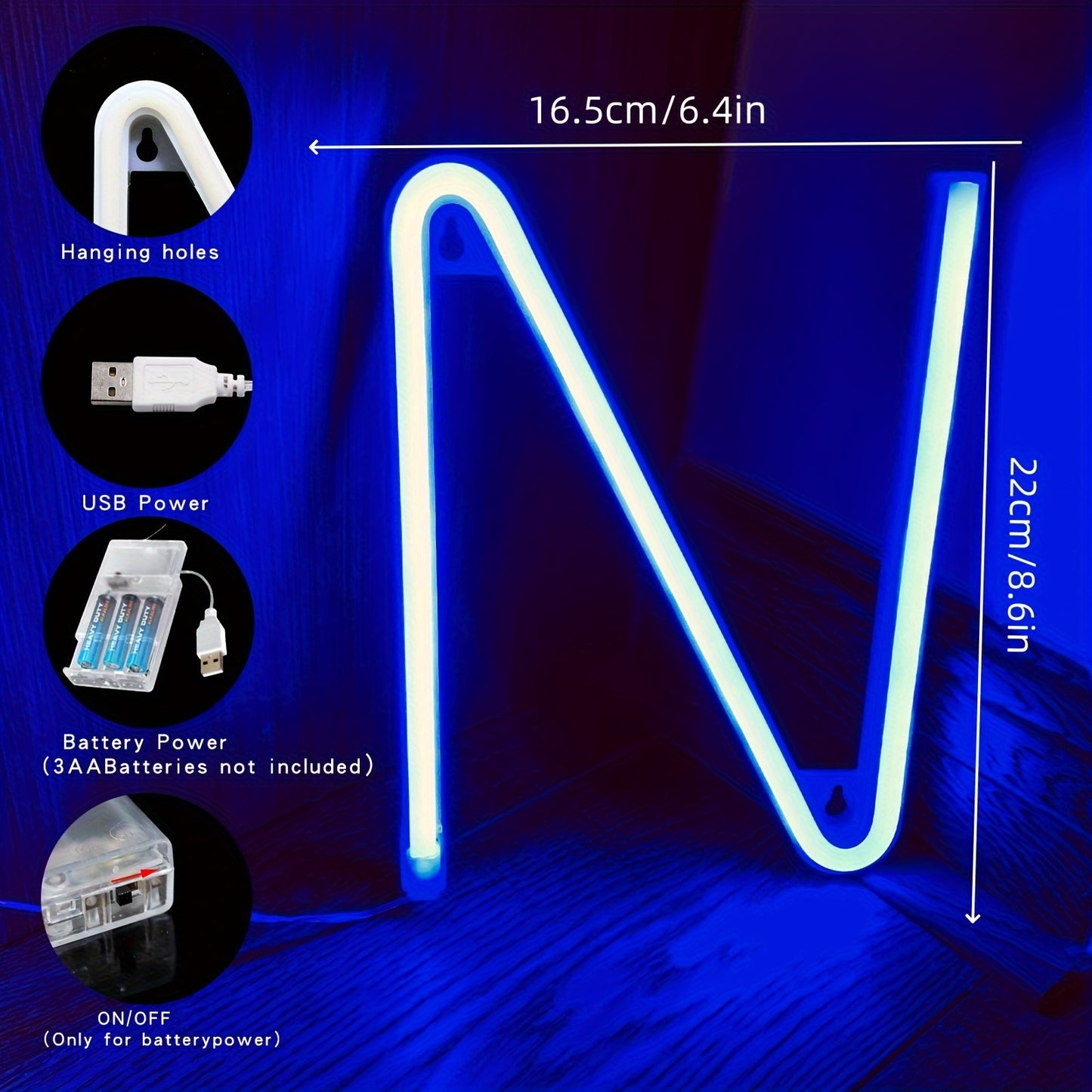 Neon LED letter light sign, powered by USB or batteries, perfect for bedroom decor or special occasions.