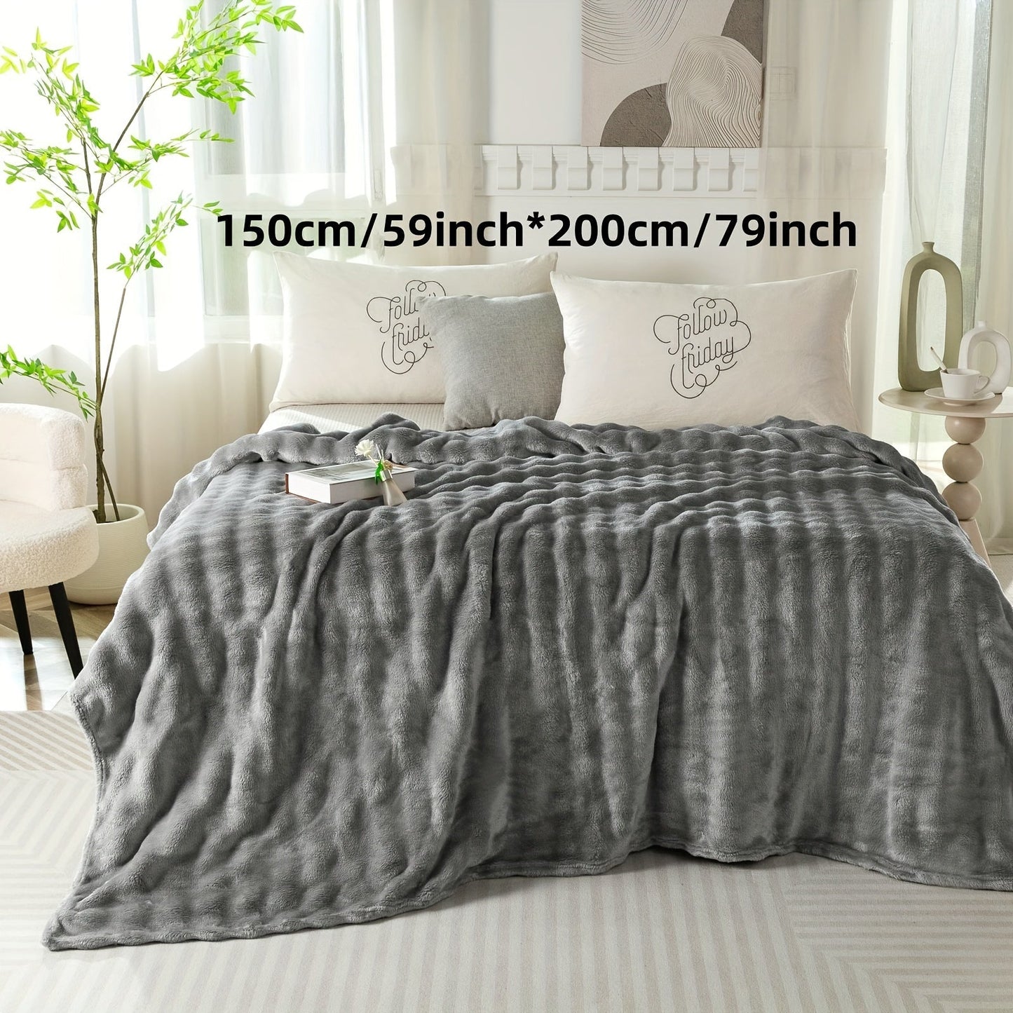 Modern Hypoallergenic Polyester Bed Blanket - Luxuriously Soft Faux Rabbit Fur Plush Throw for Bedroom, Sofa, Office, and Travel - Suitable for All Seasons - Easy to Clean Machine Washable Blanket with Simple Design - Lightweight Cover for Any Purpose