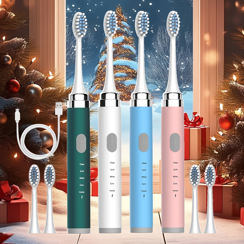 Electric Toothbrush F1-QL-6-C, 2pcs with 5-speed settings, USB interface, and replaceable ultra-soft brush head for whitening and gentle care.