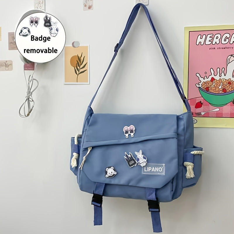 1 Harajuku Style Large Capacity Shoulder Bag with Retro Workwear design, includes 4 badges. Suitable for men and women, perfect for back-to-school season.