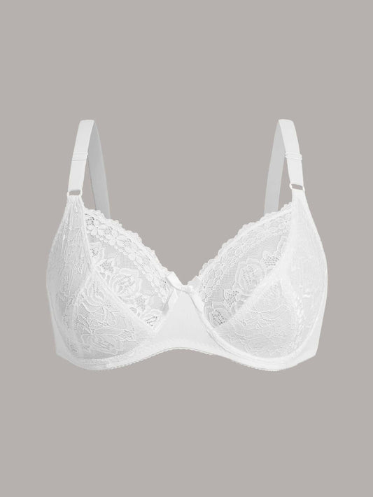 Plus-size lace bra for women with underwire support, breathable nylon blend, hand-washable, V-neck with bow detail, white color.