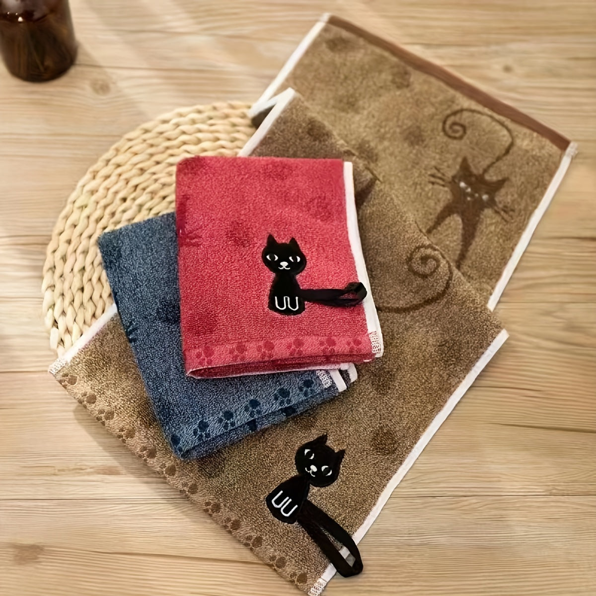 Cat cotton velvet hand towel with hanging loop, soft and cute for bathroom or kitchen use, 50cm x 25.5cm, perfect gift, red/blue/beige colors, black cat design.