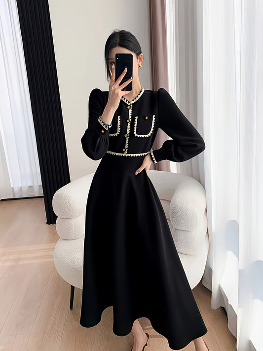 Women's elegant A-line dress with long sleeves, v-neck and made of polyester fabric. Machine washable and suitable for spring, summer, and autumn fashion.