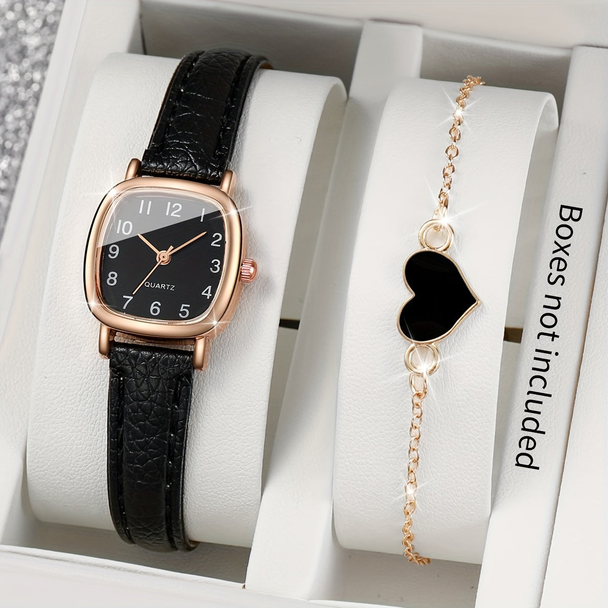 Women's fashion watch set with square dial, PU leather band, alloy case, and heart charm bracelet.