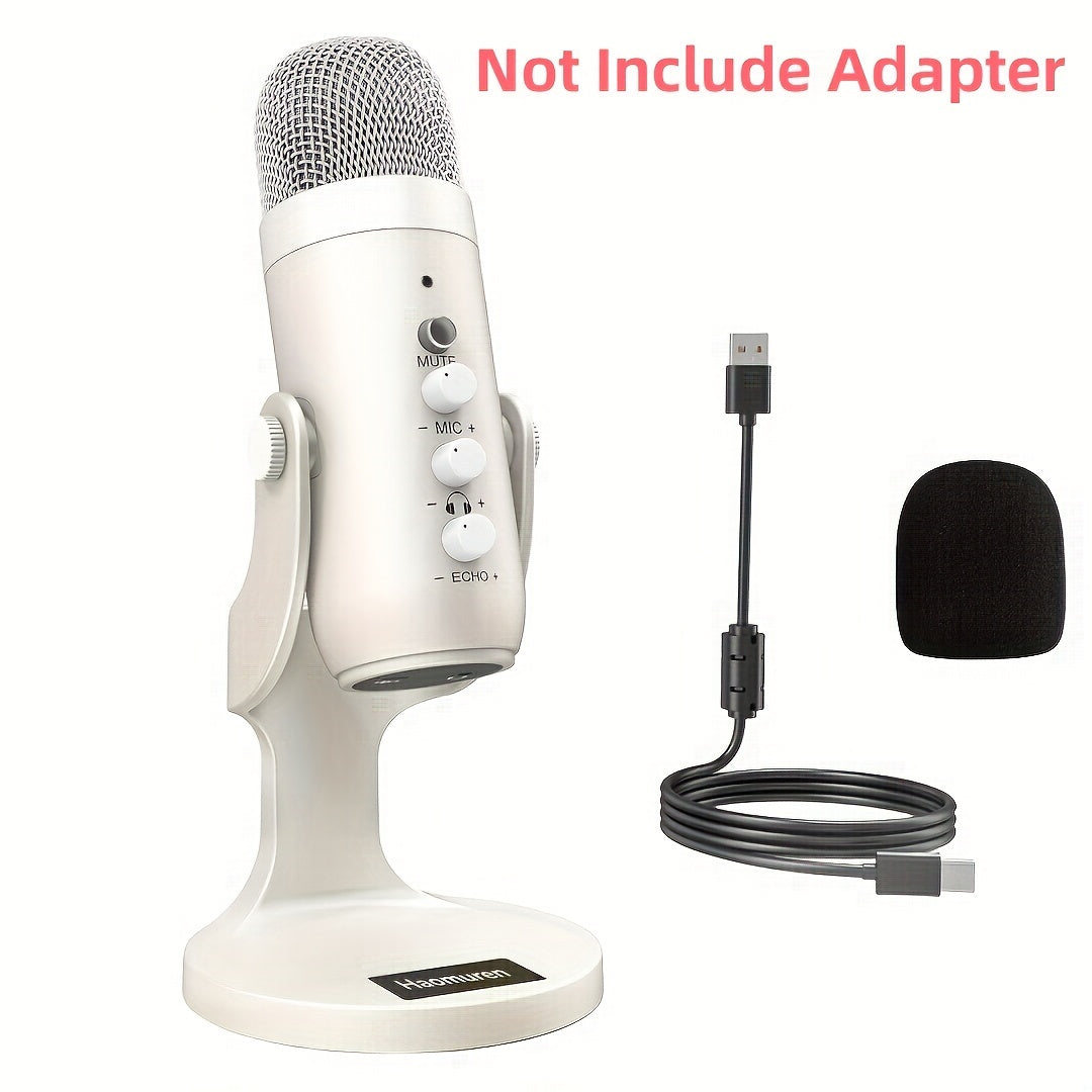 USB condenser microphone with volume and gain control, clear sound for podcasting, gaming, and streaming. Compatible with PS4/5, Mac, and Windows. Includes cable, windscreen, stand, and