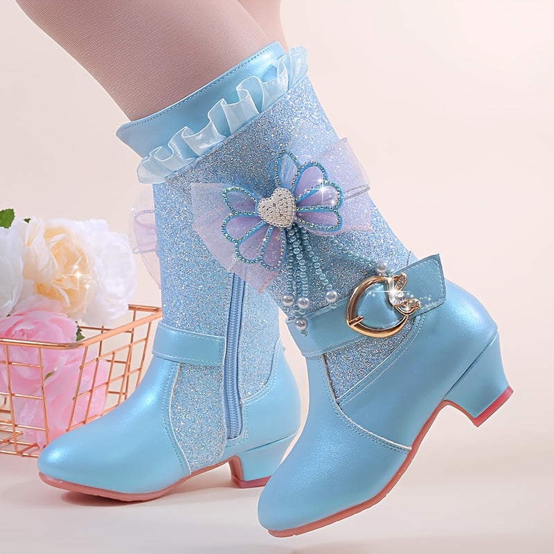 Princess boots for winter with velvet, snow, and bows.