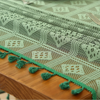 1 American Rustic Beige Crochet Tablecloth with Tassel Cover Towel - Dustproof for home parties and table settings.