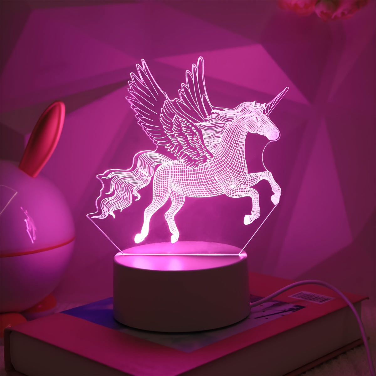 Pink unicorn night light for kids' bedrooms.