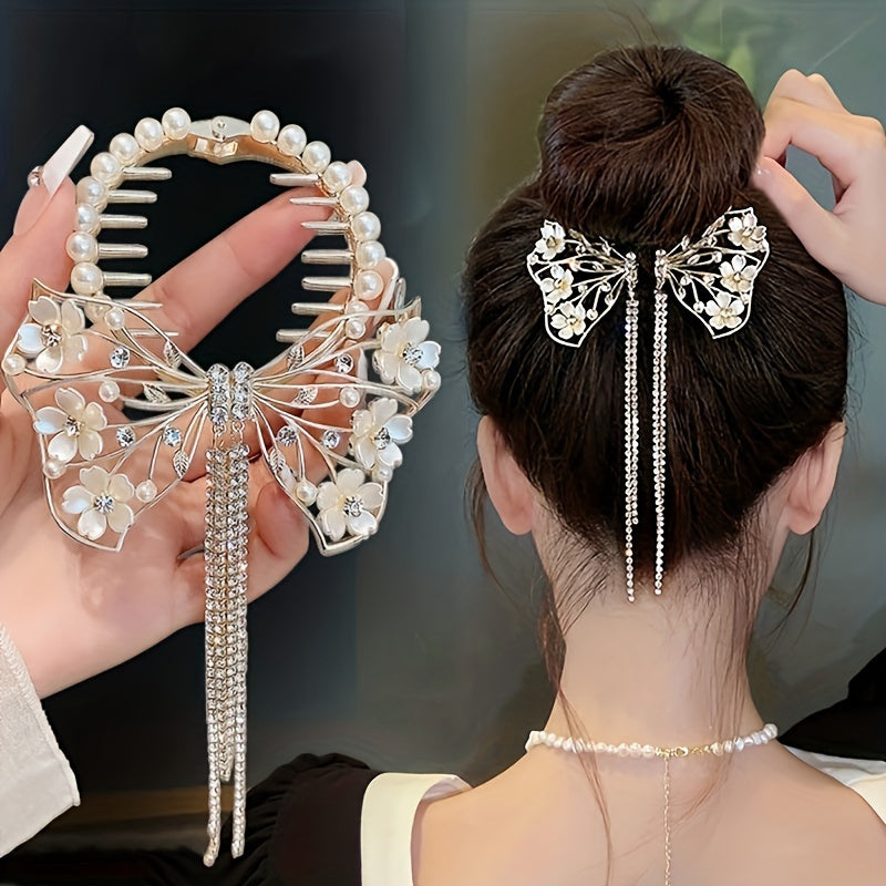 1pc Elegant Flower & Butterfly Tassels Hair Clip, Ideal for Party Holiday Hair Styling, Perfect Gift for Girls