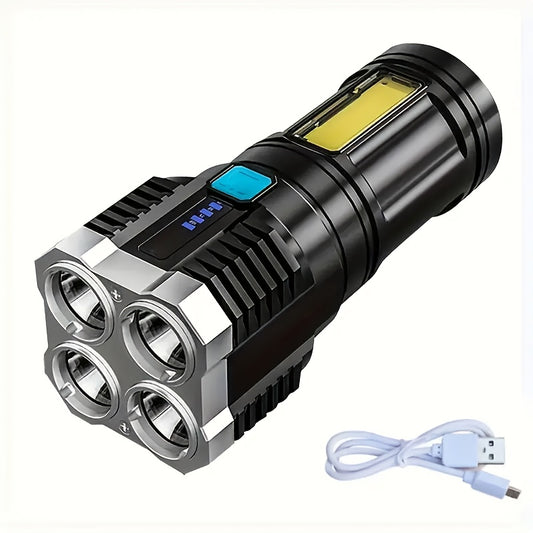 Rechargeable LED flashlight with 400mAh battery, USB powered, includes COB side light, not waterproof, includes USB cable - ideal for outdoor use.