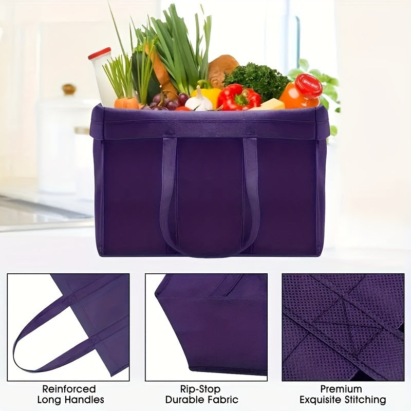 Durable Eco-Friendly Reusable Shopping Bag - Square Tote made of Leak-Proof Polypropylene with Sling, Stands Upright, Folds Easily, Machine Washable, Ideal for Grocery Shopping & Produce, Features Long Handles and Holds Over 45 Pounds.