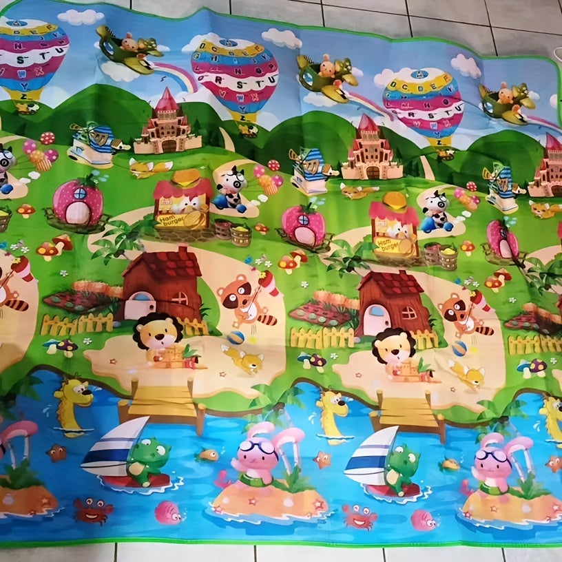 This reversible baby play mat is foldable, made of thick foam for extra cushioning, easy to clean, and measures 1.8m x 2m. It is constructed with a PVC surface material for durability.