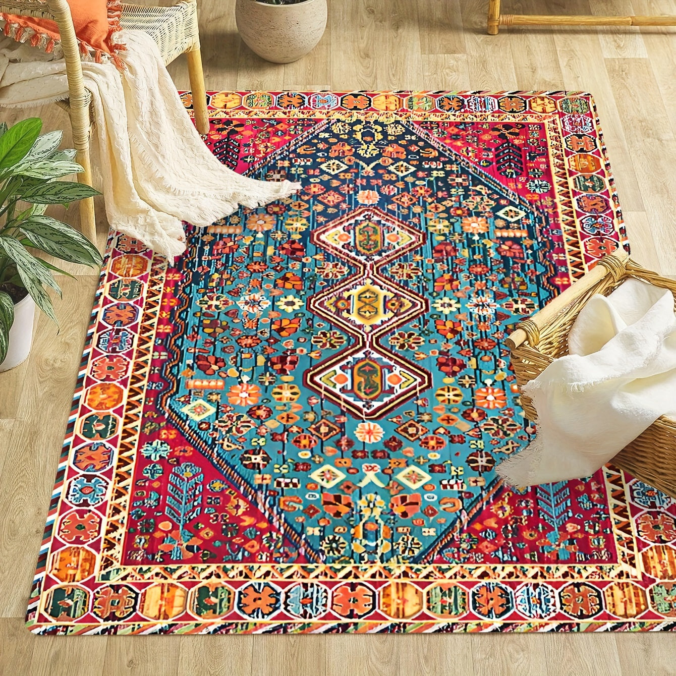 Persian-inspired area rug with Bohemian chic design - Easy to clean, durable, perfect for living room and bedroom styling