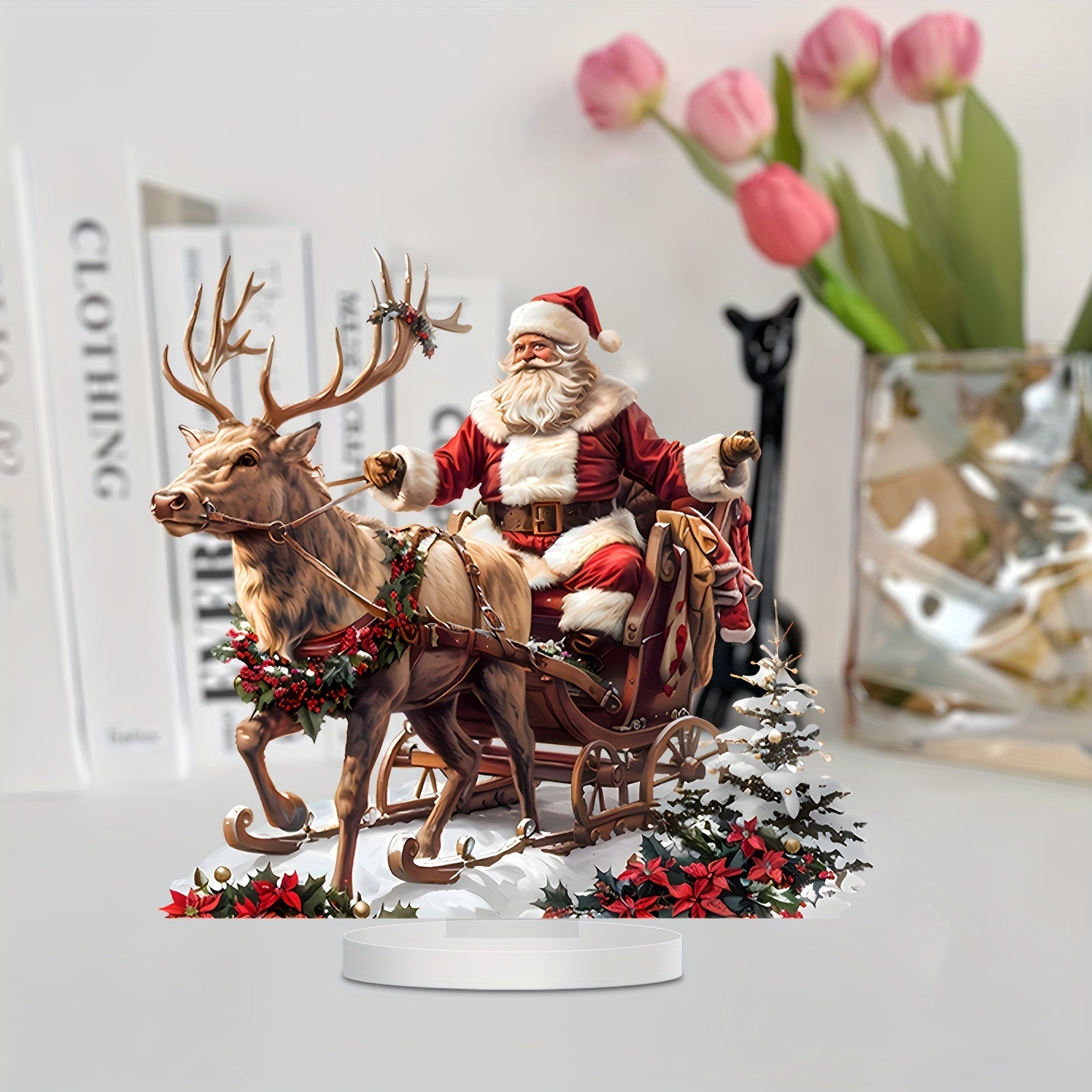 Flat acrylic Santa with reindeer sleigh sign for various spaces - English language - 1 pack