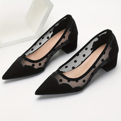 Women's Elegant Polka Dot Mesh Pumps with Pointed Toe, Low Chunky Heel