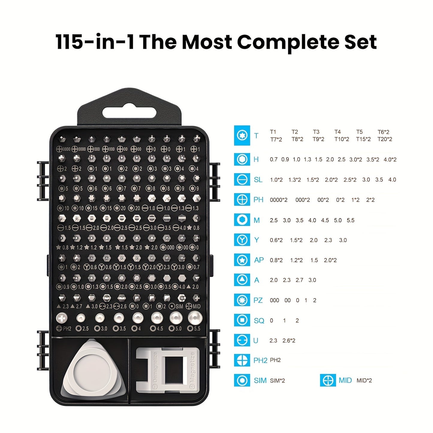 115-in-1 Precision Screwdriver Set with magnetic tools for repairing small electronics like mobile phones, computers, watches, laptops, Macbooks, and glasses.