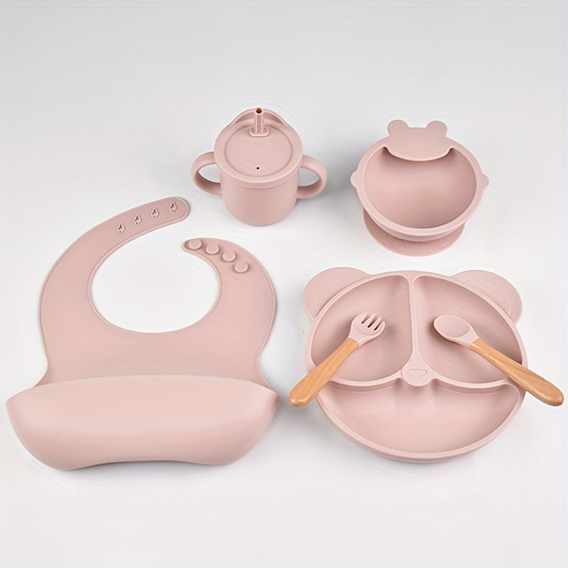 6 Piece BPA Free Silicone Baby Feeding Set for Toddlers - Includes Suction Plate, Bowl, Bib, Sippy Cup, Fork & Spoon - Food Grade Flatware for Ages 0-3 Years