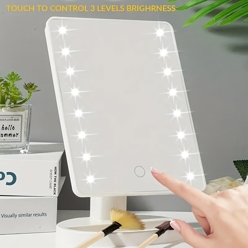 Portable makeup mirror with touch control and 3 levels of brightness, can be powered by USB or batteries, ideal for home and dorm use.