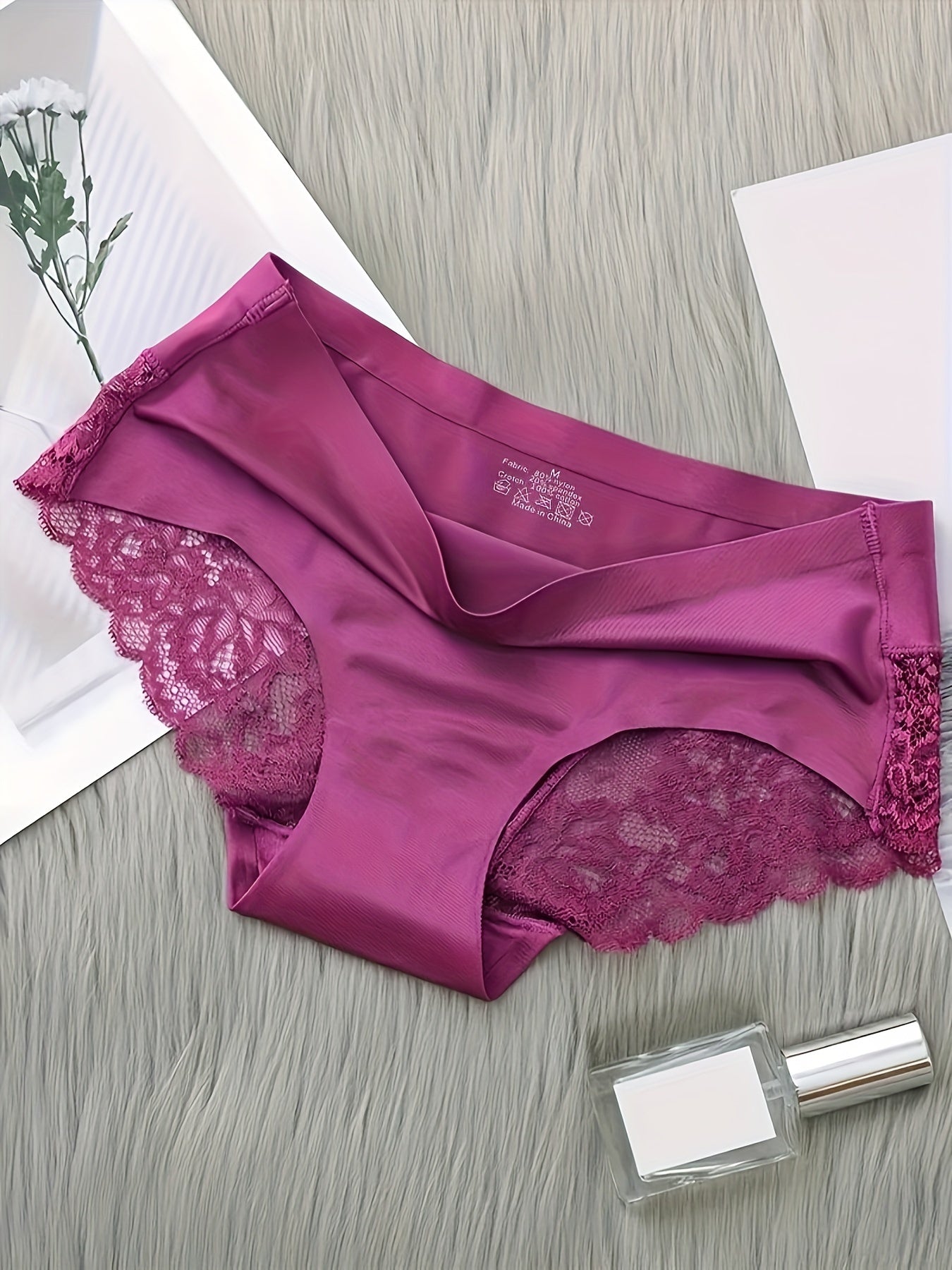 4 Elegant Lace Trim Briefs for Women - Seamless, Breathable Mid-Rise Panties in Solid Colors