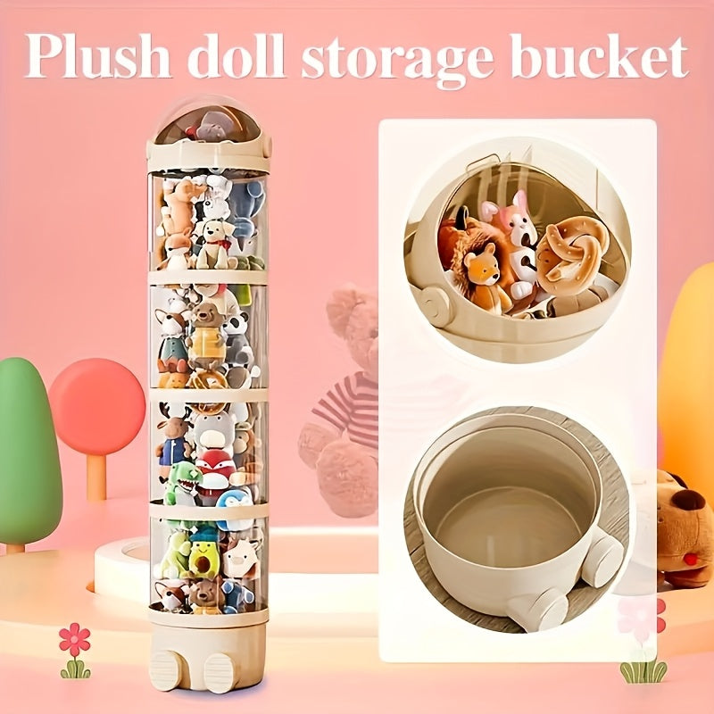 Waterproof round plastic doll storage bucket ideal for organizing dolls, stuffed animals, and puppets - great gift idea for Christmas or Halloween.