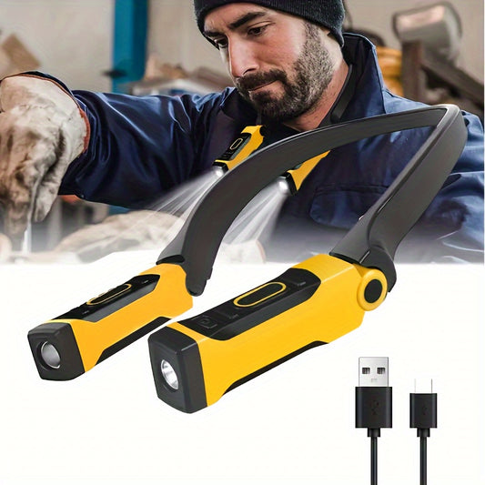 USB-powered LED neck light with bendable arms, 2 brightness levels, dimmable button control, and 500mAh lithium battery. Suitable for reading, camping, and repairing. Made of plastic material with downlighting feature. Includes USB cable.