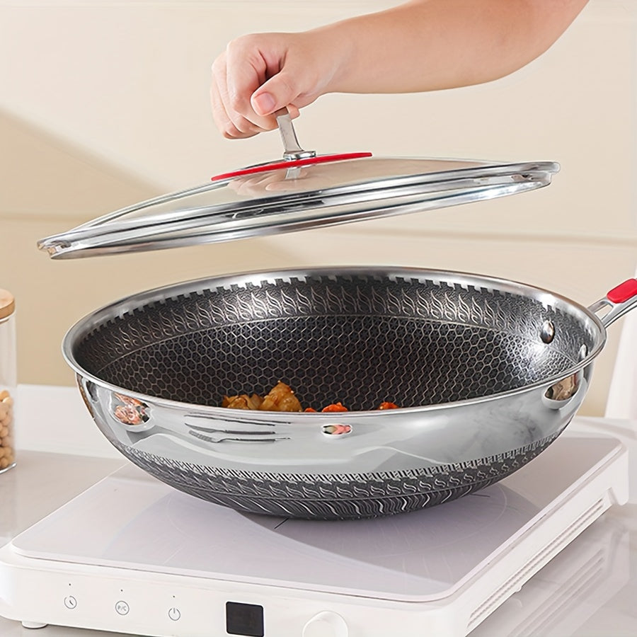 Get your hands on the 1pc 304 Stainless Steel Wok, designed with a 3-layer thickened construction for durability and large capacity. This wok is easy to clean, features a non-slip handle, and is compatible with all stoves. It is also dishwasher safe