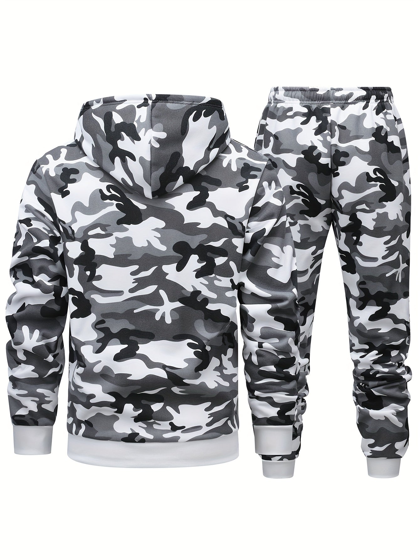 Men's camo hooded sweatshirt and pants set for outdoor activities in fall/winter. 100% polyester with drawstring pullovers and 3D printing. Suitable for hiking, camping, hunting, running