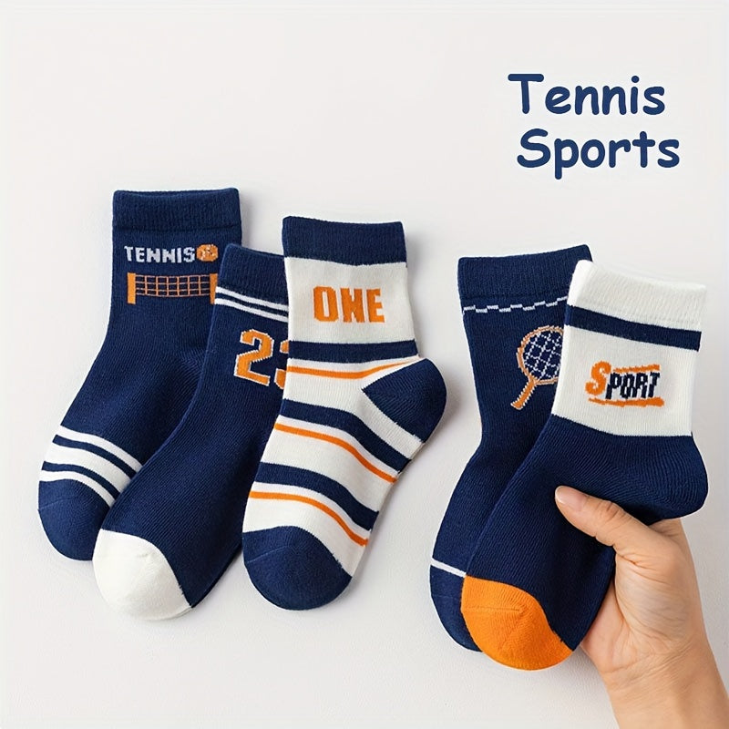 10 pairs of mid-calf length boys athletic tennis socks in blue with orange and white accents. Features a "ONE" design, perfect for all seasons. Hand wash only. Made of polyester blend. Cute