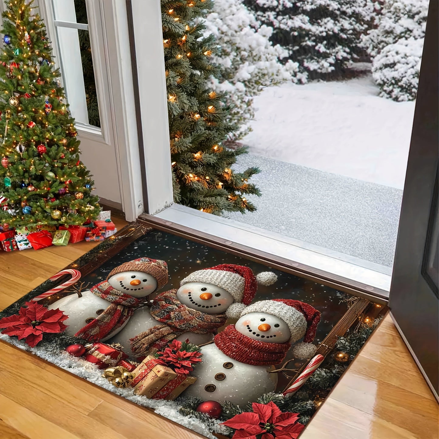 Get into the holiday spirit with our Festive Snowman Welcome Doormat! Made with non-slip, washable polyester, this Christmas floor mat features a vibrant snowmen and poinsettia design that is ideal for doorways, living rooms, bathrooms, and balconies.