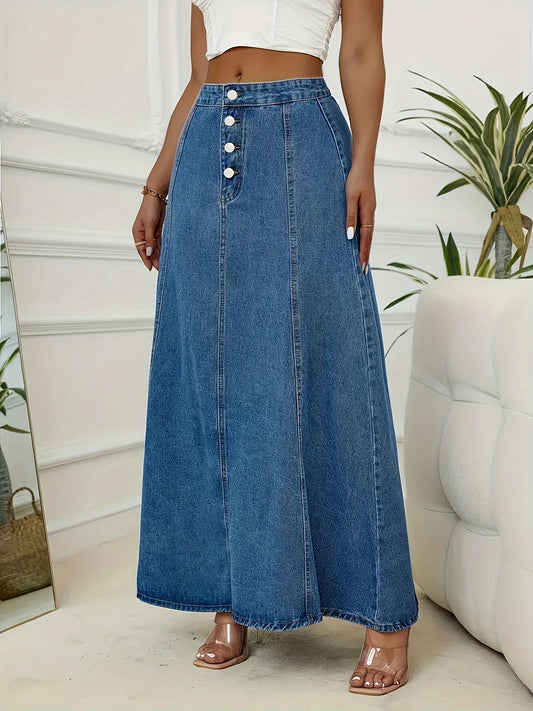 Single-breasted high rise washed blue maxi denim skirt for fall, in plus size.