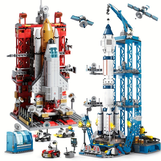 Space shuttle and rocket launch center building toy set includes over 500 pieces made of ABS material.