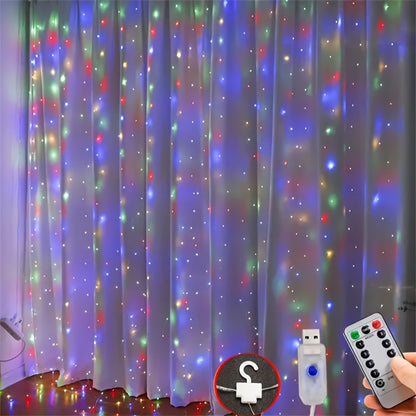 USB powered LED curtain string lights with remote control, 8 lighting modes, and infrared sensor function. Perfect for bedroom wall decoration, ideal for Christmas, parties, and Valentine's Day.