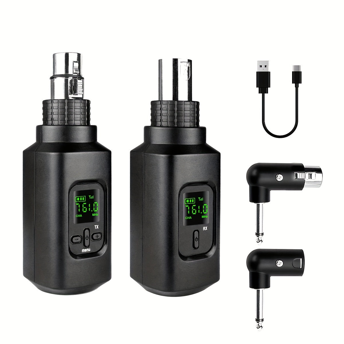 Wireless XLR Transmitter and Receiver with Guitar Transmitter Receiver. Rechargeable mic adapter for dynamic microphone and electric guitar bass. One-click switch between KTV, speech