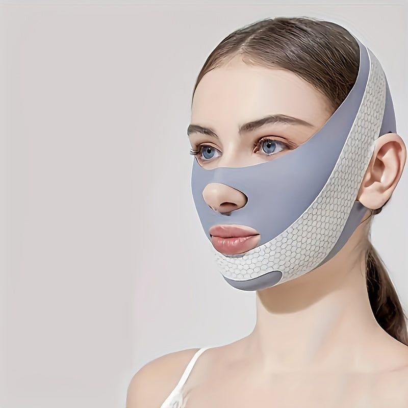 <Elastic plastic facial bandage for day and night use, also functions as anti-snoring and sleep mask.>