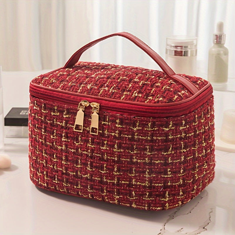 Stylish plaid cosmetic bag with dual compartments in multiple colors, made of polyester, can be hand washed or dry cleaned for travel toiletries.