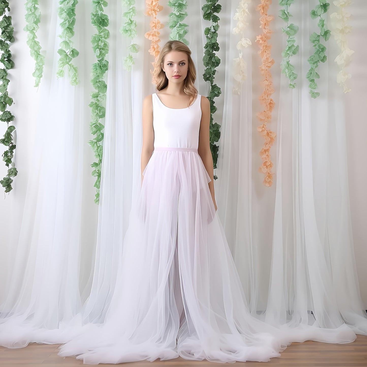 2 elegant white tulle backdrop curtains - ideal for weddings, baby showers, and photo backdrops.