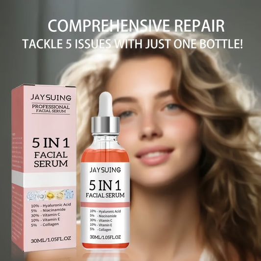 2pcs JAYSUING 5-in-1 Facial Serum with Hyaluronic Acid, Collagen, Niacinamide, Vitamin C & E. Controls oil, minimizes pores, and moisturizes all skin types. Hypoallergenic. 30ml each.