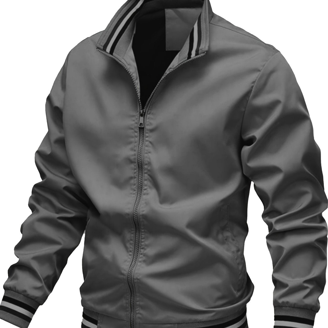 Men's lightweight bomber jacket with stand collar, zipper placket, and long sleeves. Made of 100% polyester for hiking and casual wear.