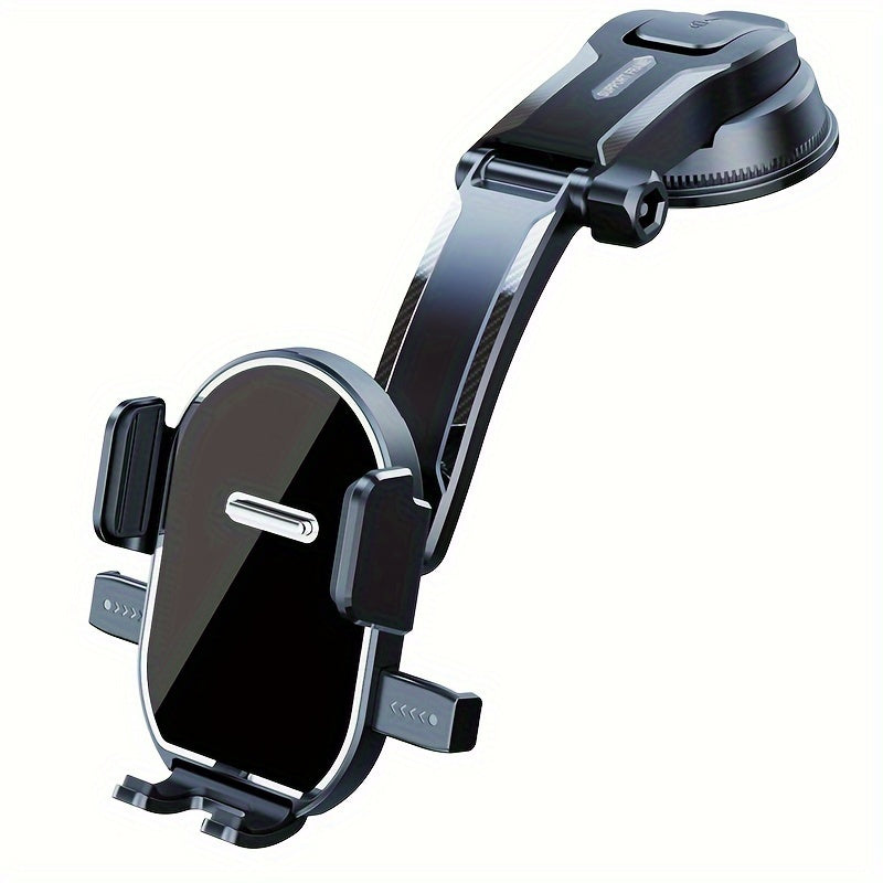 This phone holder rotates 360°, mounts on dashboard with suction cup, made of durable ABS material for secure grip while driving. Allows for safe navigation and flexible positioning of