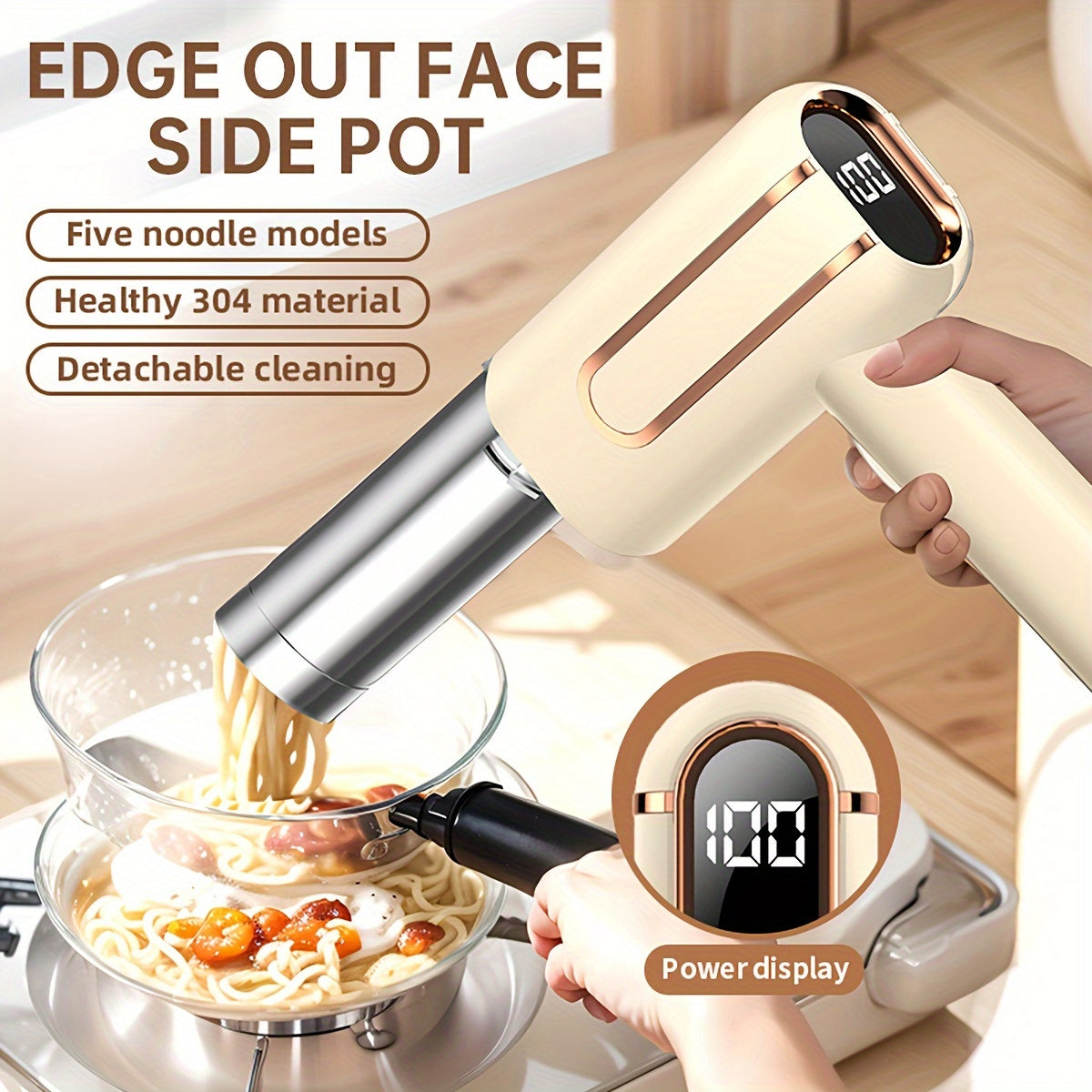 Convenient Electric Noodle Maker with Digital Display - Rechargeable via USB, Made of Stainless Steel, Simple to Clean, Ideal for Use at Home or Outdoors